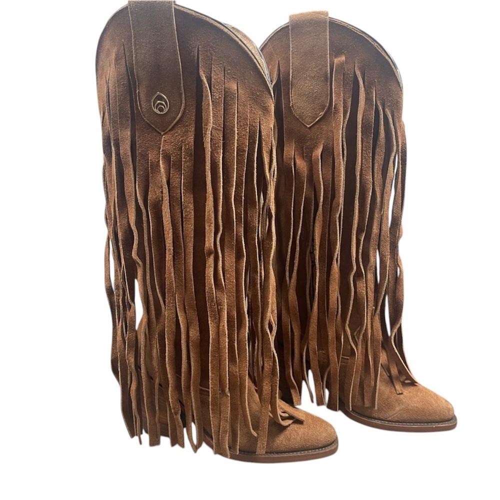 Brother Brown Suede Fringe Heeled Boots - Picture 1 of 14